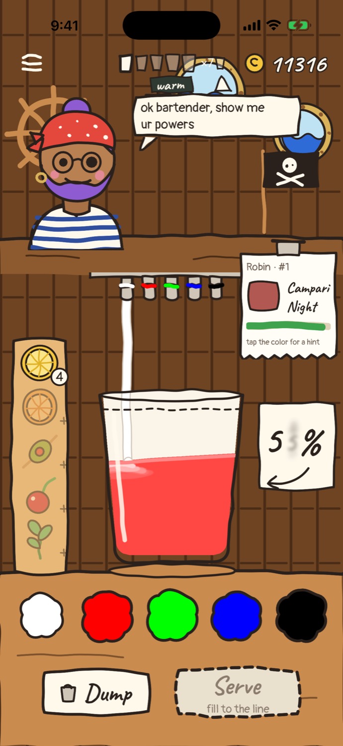 Color Bar gameplay on a pirate ship: a pirate customer orders a Campari Night, the glass is half full of red