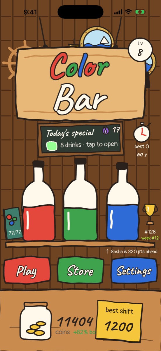 The main menu with today's special and three bottles