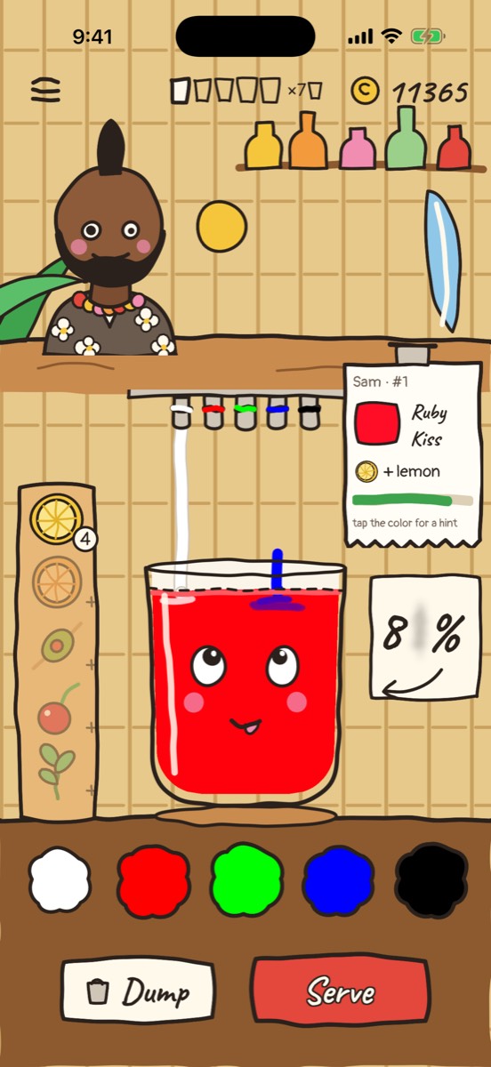 The moody glass: a red drink with a smiling face while a customer waits for a Ruby Kiss with lemon