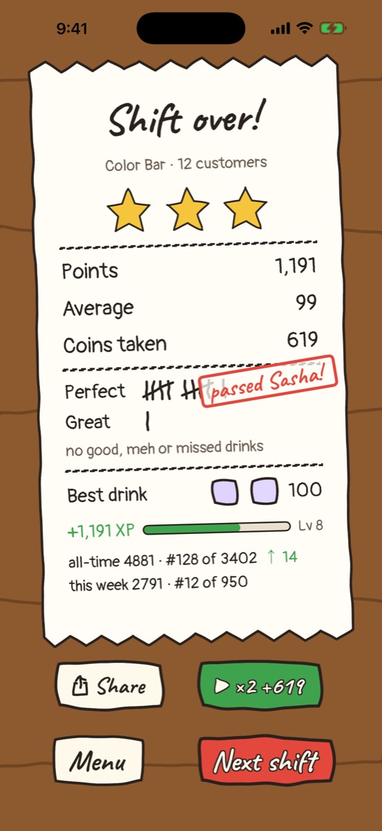 The shift receipt with stars, points and leaderboard places